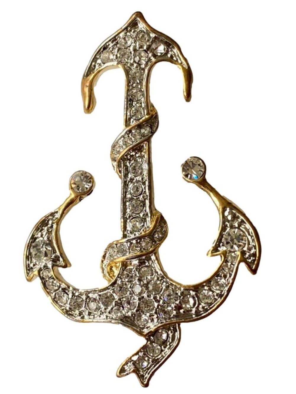 Nautical Gold Anchor Lapel Pin Brooch w Bling - Bulk Discounts
